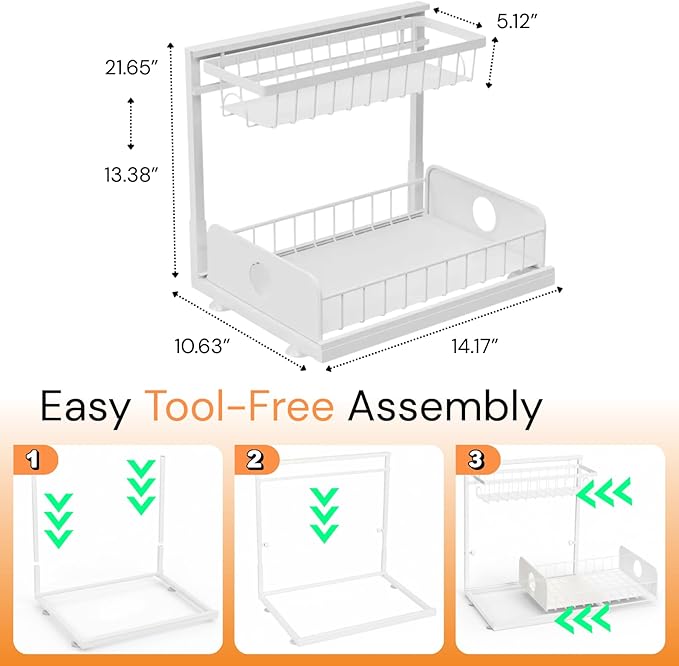 Under Sink Organizer, 2 Pack, 2 Tier Pull Out Sliding Shelf, Adjustable Height, Heavy Duty, Cabinet Organizer for Kitchen Bathroom, Tool-Free Install White