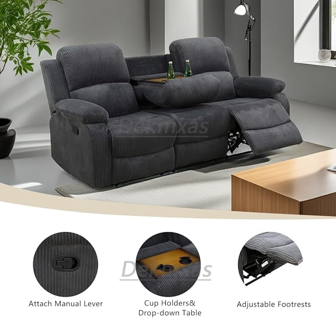 Reclining Sofa Couches, Living Room Furniture Sets, Dark Grey Corduroy Recliner Sectional Sofa Set with Drop-Down Table, with 5 Recliner Seats, Cup Holder,Storage Console for Living Room