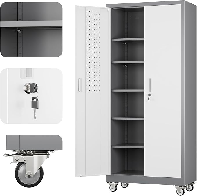 71" H Garage Storage Cabinet with Wheels, Lockable Metal Storage Cabinet with Doors,5 Adjustable Shelves and Pegboard for Garage Home Utility Room,Required Assembly,Grey&White