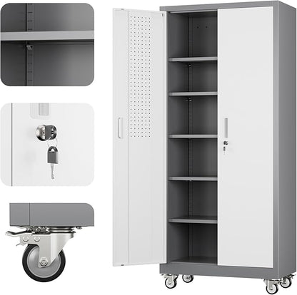 71" H Garage Storage Cabinet with Wheels, Lockable Metal Storage Cabinet with Doors,5 Adjustable Shelves and Pegboard for Garage Home Utility Room,Required Assembly,Grey&White