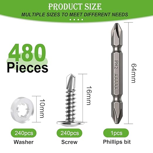 mxuteuk 480PCS #8×5/8" Self Tapping Screws,Self Drilling Screws for Metal,410 Stainless Steel Phillips Modified Truss Head Self Tapping Screw for Metal,Plastic,Wood(240pcs Silver Screw+240pcs Washer)