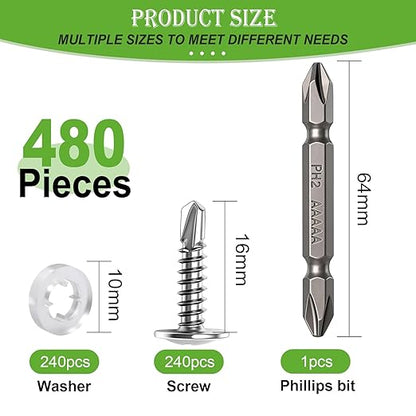 mxuteuk 480PCS #8×5/8" Self Tapping Screws,Self Drilling Screws for Metal,410 Stainless Steel Phillips Modified Truss Head Self Tapping Screw for Metal,Plastic,Wood(240pcs Silver Screw+240pcs Washer)
