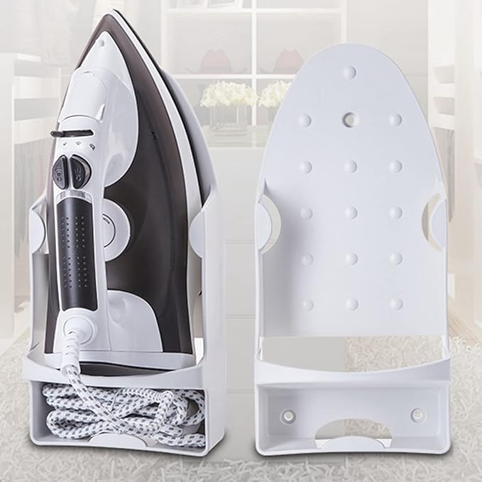 Iron Board Hanger, Wall Mounted Electric Iron Holder, Iron and Ironing Board Storage Organizer Shelf with Removable Hooks for Household Bathroom Laundry Room
