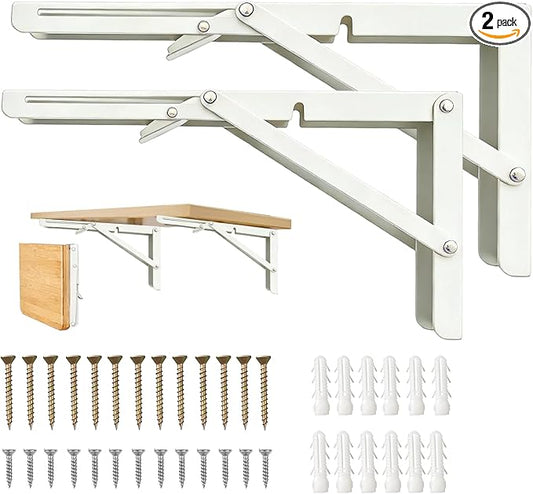 14 Inch Folding Shelf Brackets, 2 Pcs White Shelf Bracket Heavy Duty, Collapsible for Folding Table Brackets Wall Mounted Table Brackets Space-Saving