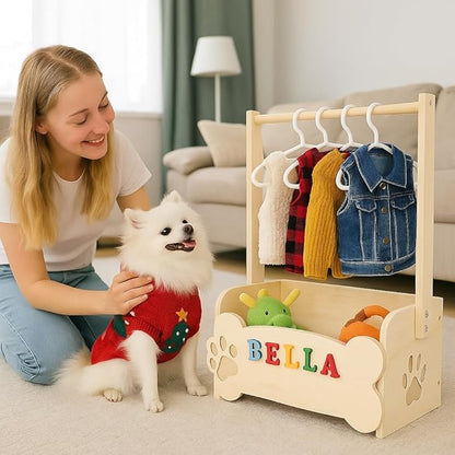 Wooden Dog Clothes Closet for Small Dogs, Pet Wardrobe with Hanging Rod & 10 Hangers, Clothing Rack & Toy Storage for Chihuahua Yorkie Pomeranian, DIY Name Plates, for Dog Moms