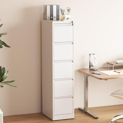 5 Drawer File Cabinet with Lock, Vertical Filing Cabinets for Home Office, Metal Storage Cabinets, Heavy Duty File Cabinet for Letter/Legal/A4/F4 Size Amsseble Required, White
