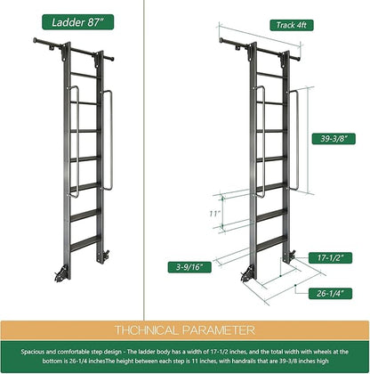 87" Attic Rolling Library Ladder,7 Step Aluminum Ladder with,with 4FT Sliding Hardware Track Kit Bottom Wheel Included&Handrail,Loft Ladder,Wall Stairs Stair Platform Bunkbed Ladder