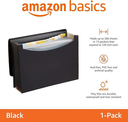Amazon Basics Expanding Accordion File Organizer, Letter Size, 13 Compartments, Large Capacity Document Storage, Waterproof, Black, 1-Pack