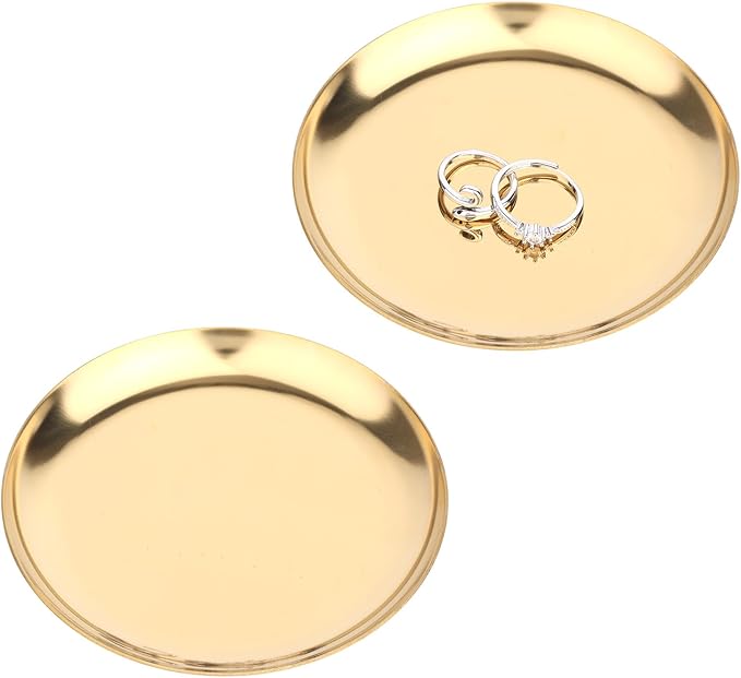 2pcs Gold Round Serving Trays, Stainless Steel Trinket Dish Decorative Jewelry Tray Small Gold Platters for Jewelry Cosmetics Countertop Dish