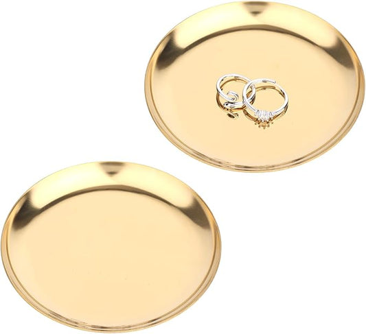 2pcs Gold Round Serving Trays, Stainless Steel Trinket Dish Decorative Jewelry Tray Small Gold Platters for Jewelry Cosmetics Countertop Dish