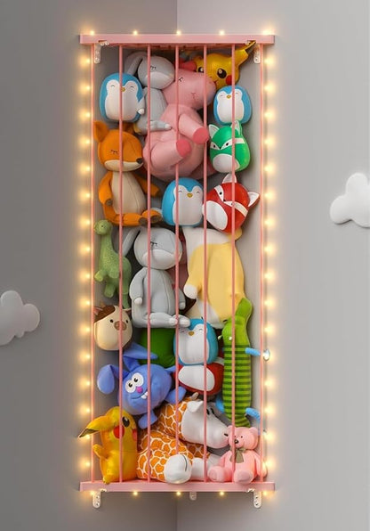 Stuffed Animal Storage Shelf Organizer(Patented) - Corner Stuffed Animal Holder Length Adjustable - Wall Plush Storage for Nursery Playroom Bedroom Kids Room (Pink+Light, Standard)