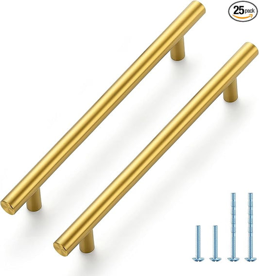 JOY DECOR 25 Pack 8-13/16 Inch Cabinet Pulls Kitchen Cabinet Handles with 6-1/4 Inch Hole Center Brushed Brass Cabinet Hardware Stainless Steel Kitchen Drawer Pulls 160mm Hole Centers