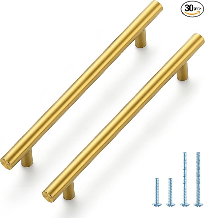 JOY DECOR 30 Pack 8-13/16 Inch Cabinet Pulls Kitchen Cabinet Handles with 6-1/4 Inch Hole Center Brushed Brass Cabinet Hardware Stainless Steel Kitchen Drawer Pulls 160mm Hole Centers