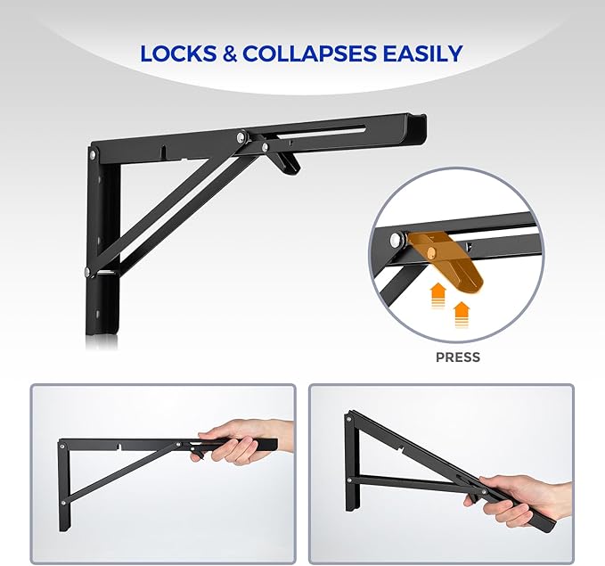 Ravinte 2 Pack 24 Inch Folding Shelf Brackets – Matte Black, Heavy Duty Collapsible Brackets for Tables and Benches – Space-Saving Design