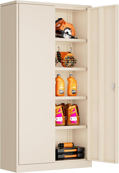 Bonusall Mental Garage Cabinets with 2 Door and 4 Shelves, Locking Cabinet with for Tool，Tall Garage Storage Cabinets for Home Office, Warehouse，School(Grey)