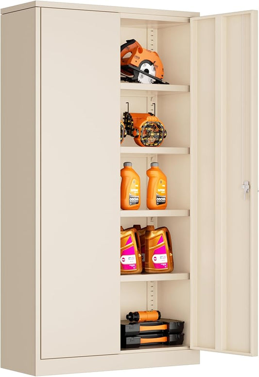Bonusall Mental Garage Cabinets with 2 Door and 4 Shelves, Locking Cabinet with for Tool，Tall Garage Storage Cabinets for Home Office, Warehouse，School(Grey)