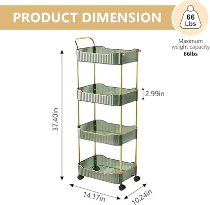 4-Tier Acrylic Rolling Storage Cart, Rolling Utility Cart, Kitchen Cart with Wheels for Bathroom,Living Room, Kithcen, Office Storage and Organization (14''X10''X37'')(Green)