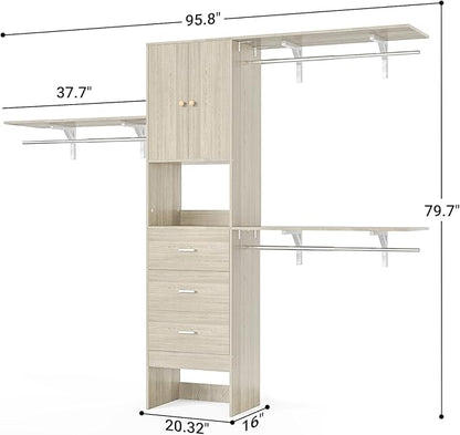 Armocity 96 Inches Closet System with Doors, 8FT Walk In Closet Organizer with 3 Shelving Towers, Heavy Duty Clothes Garment Rack with 3 Wood Drawers, 96"L x 16"W x 80"H, Max Load 1000 LBS, White Oak
