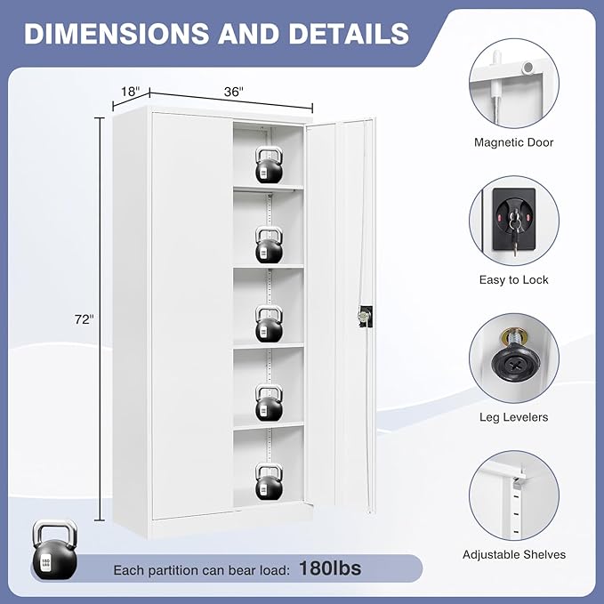 Metal Storage Cabinet with Lock,Lockable Garage Cabinet with 2 Doors and 5 Adjustable Shelves,Tall Steel Cabinets for Garage,Workshop,Gym,School
