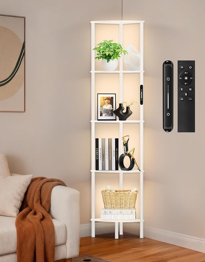 5 Tier Corner Bookshelf with LED Light, Touch & Remote Control, Dimmable Narrow Display Shelf with 3 Color Temperature, 1-Hour Timer, Display Shelves for Living Room, Bedroom