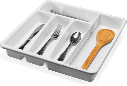 madesmart Expanding Silverware Tray, 5 Compartment Flatware Organizer for Forks, Knives & Spoons, Durable Drawer Organizer, White