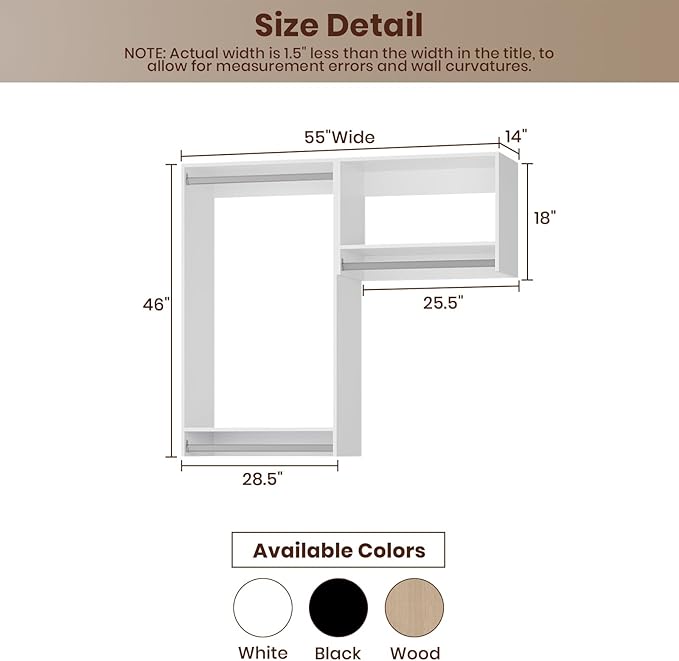 ROOMTEC Modular Closet System, 55" Wall-Mounted Closet Organizer with Hanging Rods, Wooden Tower for Walk-In Closets, Wardrobe Storage Kit, White