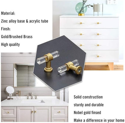 goldenwarm 10 Pack Brushed Brass Cabinet Knobs Acrylic Drawer Knobs - LS9165GD Acrylic Pull Handles for Kitchen Cabinets Dresser Cupboard Hardware Pulls Handles