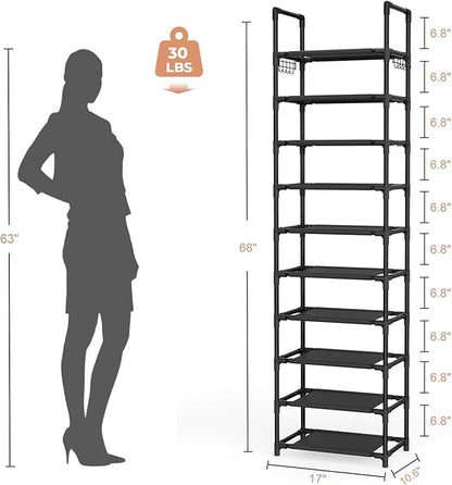 10 Tiers Shoe Rack 25 Pairs Large Capacity Tall Shoe Organizer Sturdy Shoe Storage with Two Hooks Space Saving Metal Narrow Shoe Rack for Closet, Entryway, Bedroom, Black