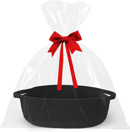 Small Baskets for Gifts Empty, 13"x 9"x 5" Woven Gift Basket with Bag and Ribbon, Cotton Rope Kids Dog Cat Toy Bin Box, Cute Baby Nursery Organizer, Decorative Storage with Handles (Black)