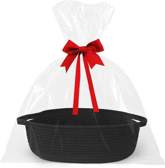 Small Baskets for Gifts Empty, 13"x 9"x 5" Woven Gift Basket with Bag and Ribbon, Cotton Rope Kids Dog Cat Toy Bin Box, Cute Baby Nursery Organizer, Decorative Storage with Handles (Black)