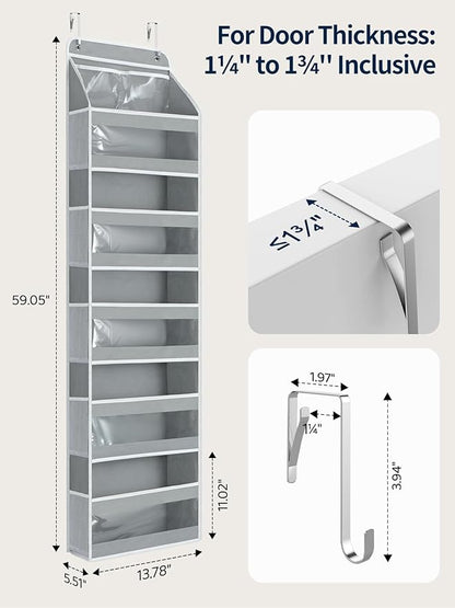 Yecaye 6 Tier Over the Door Organizer, Swing-proof Door Organizer Hanging with Clear PVC Windows, Behind the Door Storage for Bedroom Nursery Closet Laundry Pantry Bathroom, Grey