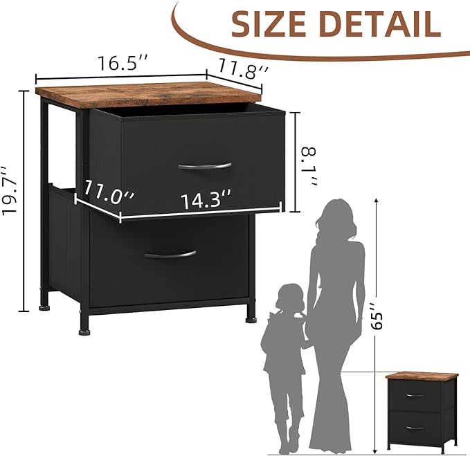 Somdot Nightstand, Small Dresser for Bedroom with 2 Drawers, Bedside Table Night Stand End Table with Fabric Bins for Bedroom Kids Closet Dorm Guest Room, Black Rustic Brown