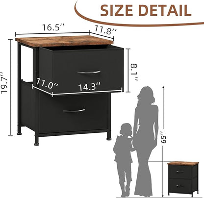 Somdot Nightstand Set of 2 with 2 Storage Drawers, Small Bedside Table End Table, Wooden Top Fabric Cabinet for Bedroom, Kids Closet, College Dorm, Entryway, Black Rustic Brown