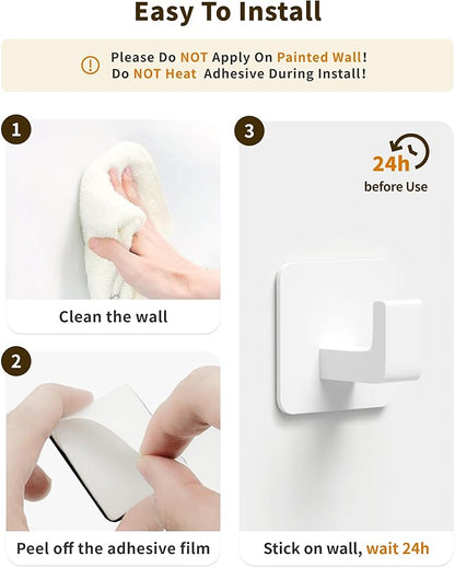 Square Self Adhesive Towel Hooks - 2 Pack Matte White Metal Hooks, Right-Angle Design for Towels, Robes & Hats, Organize Bathroom, Kitchen, Entryway, Doors, Cabinets on Smooth Surfaces