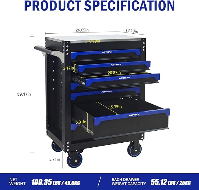 30 inch 7-Drawer Rolling Tool Chest with Wheels,Stainless Steel Countertop Heavy Duty Tool Cart,Locking System, Rolling Cabinet for Garage Warehouses,Repair Shops,Requires Assembly (Black&Blue)