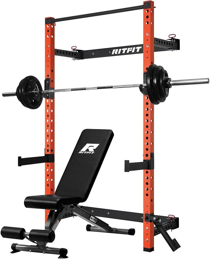 RitFit 2.36'' x 2.36'' Folding Squat Rack for Home Gym, Wall Mounted Squat Rack with Attachments - Space Saving Squat Power Rack