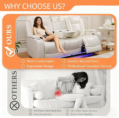 3 Pieces Reclining Living Room Set, Soft Leather Power Recliner Loveseat Chair Set, Living Room Furniture Sets with LED, Cup Holders Hidden Storage for Home/Office/Meeting Room,Creamy White