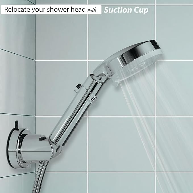 Suction Cup Hand held Shower Head Holder- 5 Angles Adjustable -Reusable -Bathroom Wall Mount Shower Wand Holder - (Polished Chrome)
