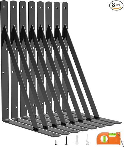 LuckIn 8-Pack 14 Inch Heavy Duty Shelf Bracket, Fit for 14 16 18 Inch Floating Shelves, Wall Shelf L Brackets with 90 Degree Triangle, 250 LBS Max Load, Mounting Hardware Included, Black