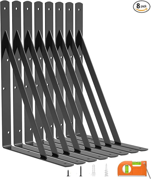 LuckIn 8-Pack 14 Inch Heavy Duty Shelf Bracket, Fit for 14 16 18 Inch Floating Shelves, Wall Shelf L Brackets with 90 Degree Triangle, 250 LBS Max Load, Mounting Hardware Included, Black