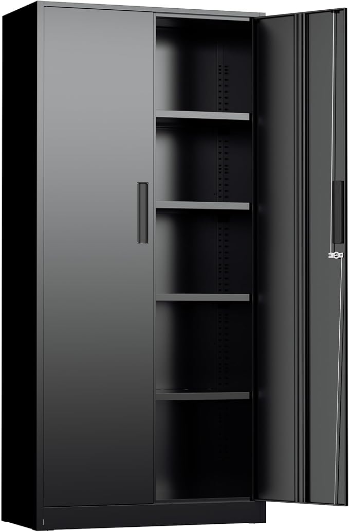 72” Metal Storage Cabinet, Lockable File Cabinets with 2 Doors and 4 Adjustable Shelves, Steel Tool Cabinets with Lock for Office, Home, Gym, Black-Small