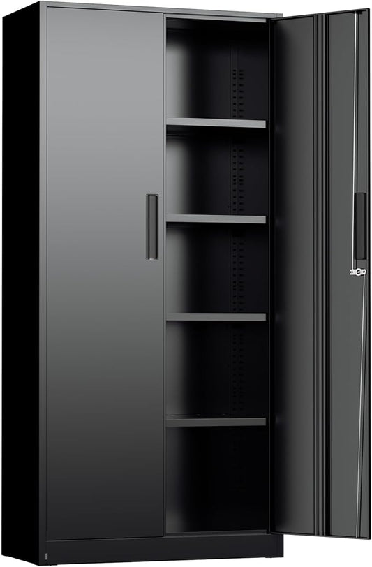 72” Metal Storage Cabinet, Lockable File Cabinets with 2 Doors and 4 Adjustable Shelves, Steel Tool Cabinets with Lock for Office, Home, Gym, Black-Small