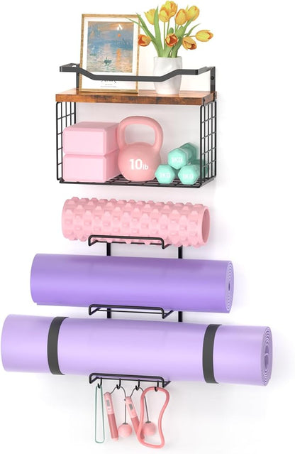 Yoga Mat Holder Wall Mount, Yoga Accessory Mats Storage Rack , Home Gym Accessories Organizer Storage With Wood Floating Shelves, Storage Basket and 4 Hook For Hanging Yoga Strap & Resistance Bands