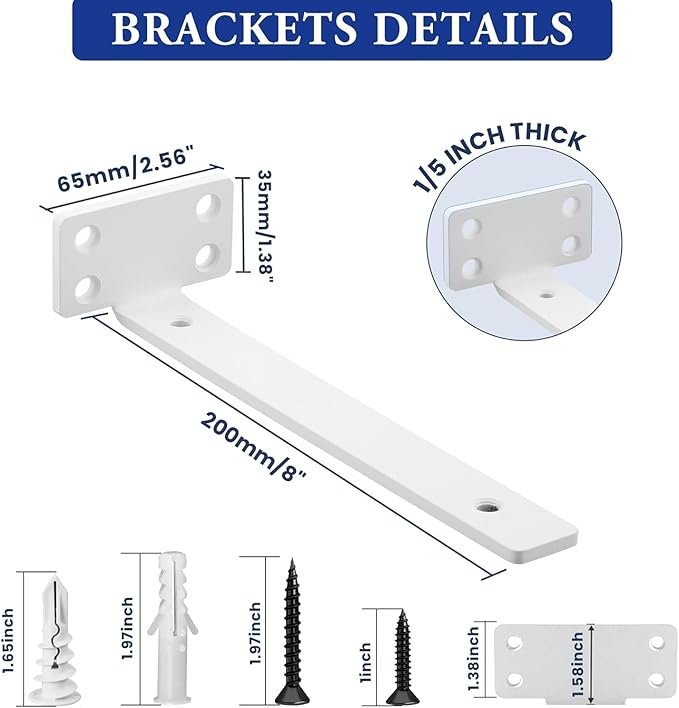 Alise Floating Shelf Brackets White, 4 Pcs L Brackets for Shelves, 8'' Hidden Invisible Shelf Brackets, 1/5" Inch Thick Heavy Duty Metal Wall Shelf Support Corner Brackets for Home and Mounting Shelf