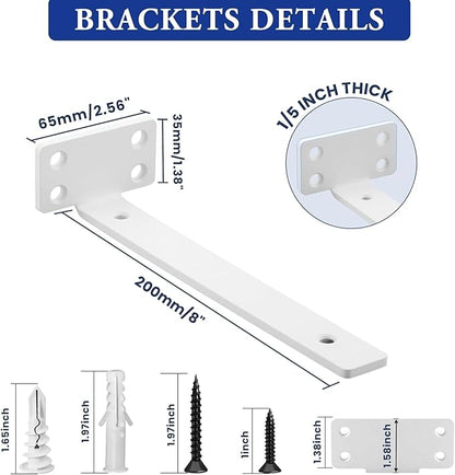 Alise Floating Shelf Brackets White, 4 Pcs L Brackets for Shelves, 8'' Hidden Invisible Shelf Brackets, 1/5" Inch Thick Heavy Duty Metal Wall Shelf Support Corner Brackets for Home and Mounting Shelf