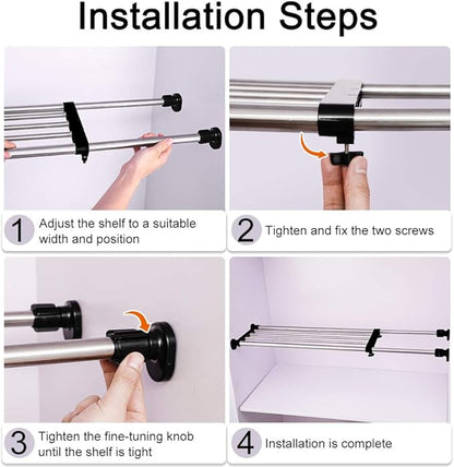 BAOYOUNI Adjustable Closet Shelf Expandable Shelves Tension Rod Hanger Space Saving Storage Rack Organizer Divider for Wardrobe, Cupboard, Kitchen, Bathroom Use, Black, 2 Pack