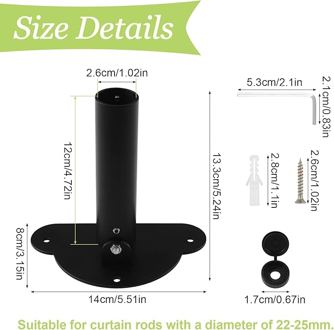 Adjustable Shower Curtain Rod Bracket 1 Pack Aluminum Alloy Shower Curtain Rod Single Swivel Flange Heavy Duty Closet Rod Bracket with Screws (Black)