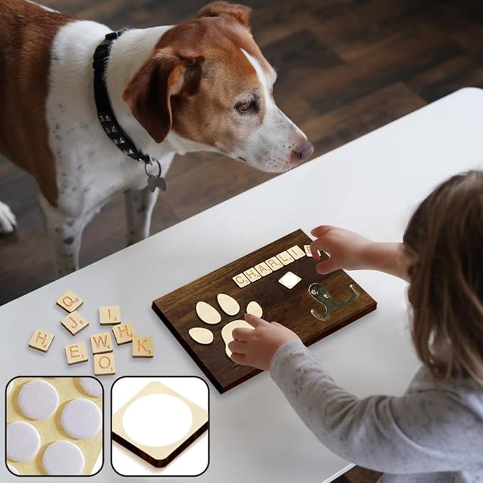 Dog Leash Holder Wall Mount, Pet Harness Hanger with Scrabble Letters, Dog Collar Organizer for Entryway, Cat Leash Key Holder for Wall, Pet Memorial Loss Gifts, Keepsake, Home Decor PF218-W