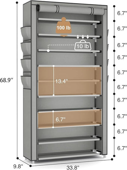 VTRIN Tall Shoe Rack with Cover, 10 Tier Shoe Organizer Storage for 50-55 Pairs Shoes and Boots Large Capacity Shoe Shelf with 8 Pockets Free Standing Shoe Rack for Closet, Entryway, Garage, Grey