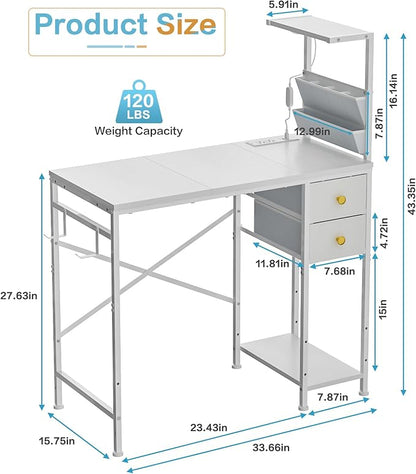 33.7" Computer Desk with Power Outlets, LED Lights & 2 Drawers, Small Office Desk with Storage Bag & Hooks, Gaming Desk for Bedrooms or Home Office, Compact Study Desk for Small Spaces，White